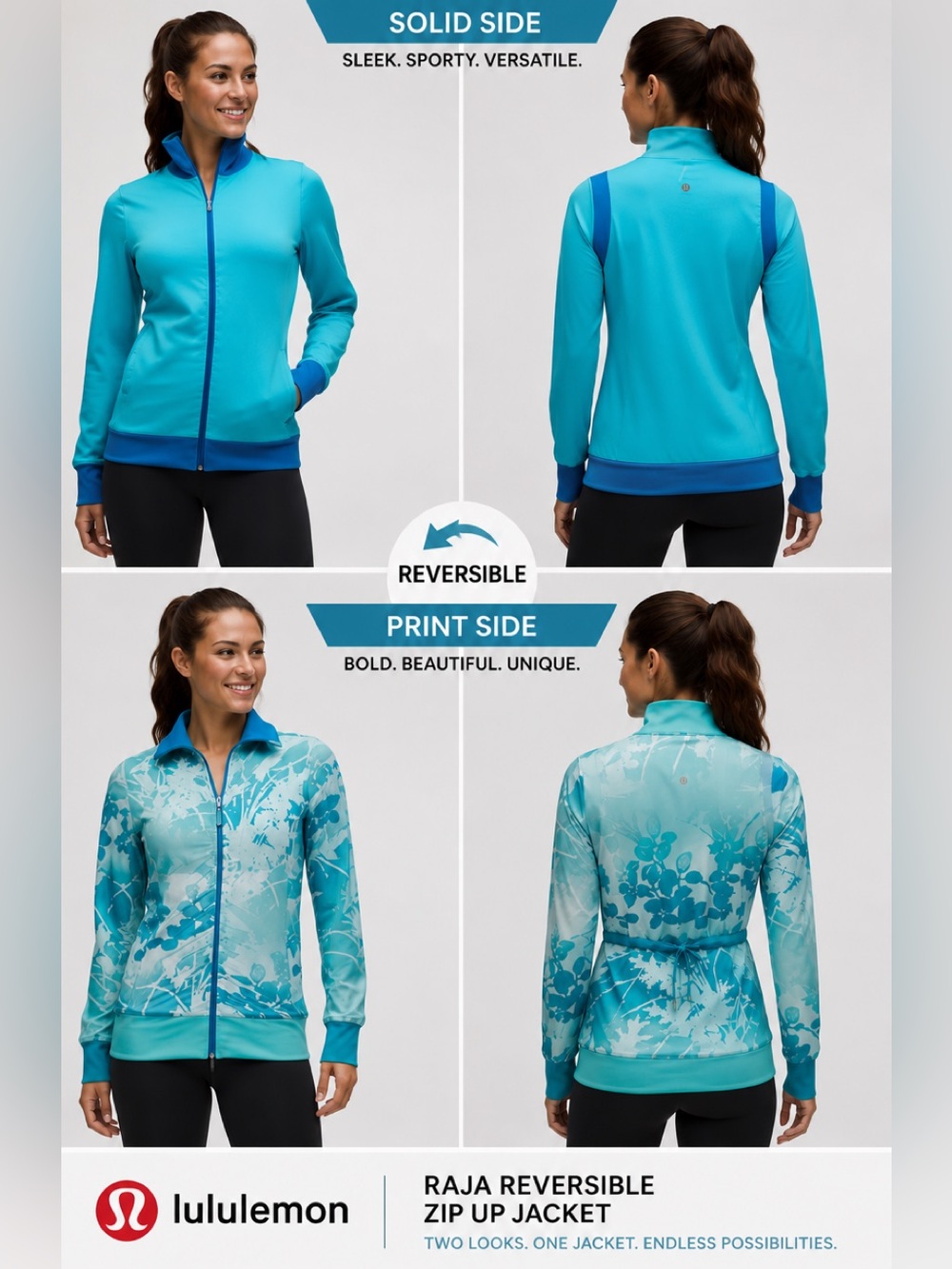 Lululemon Raja Reversible Zip-Up Jacket Blue Aqua Floral 2-in-1 Jacket Sz